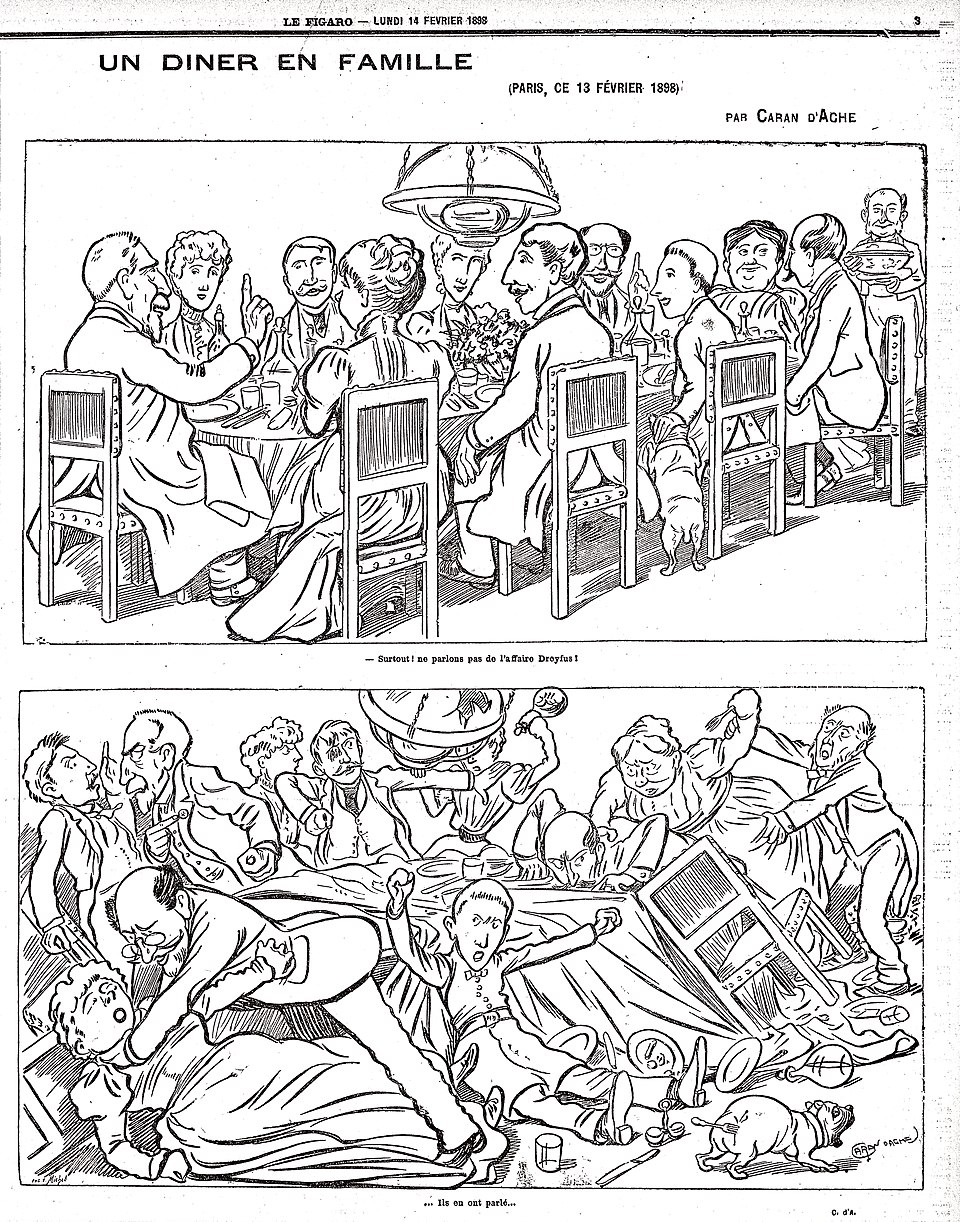 Caran d&rsquo;Ache, « Un dîner en famille », Le Figaro, 14 février 1898. — Surtout ! ne parlons pas de l&rsquo;affaire Dreyfus ! — Ils en ont parlé…
